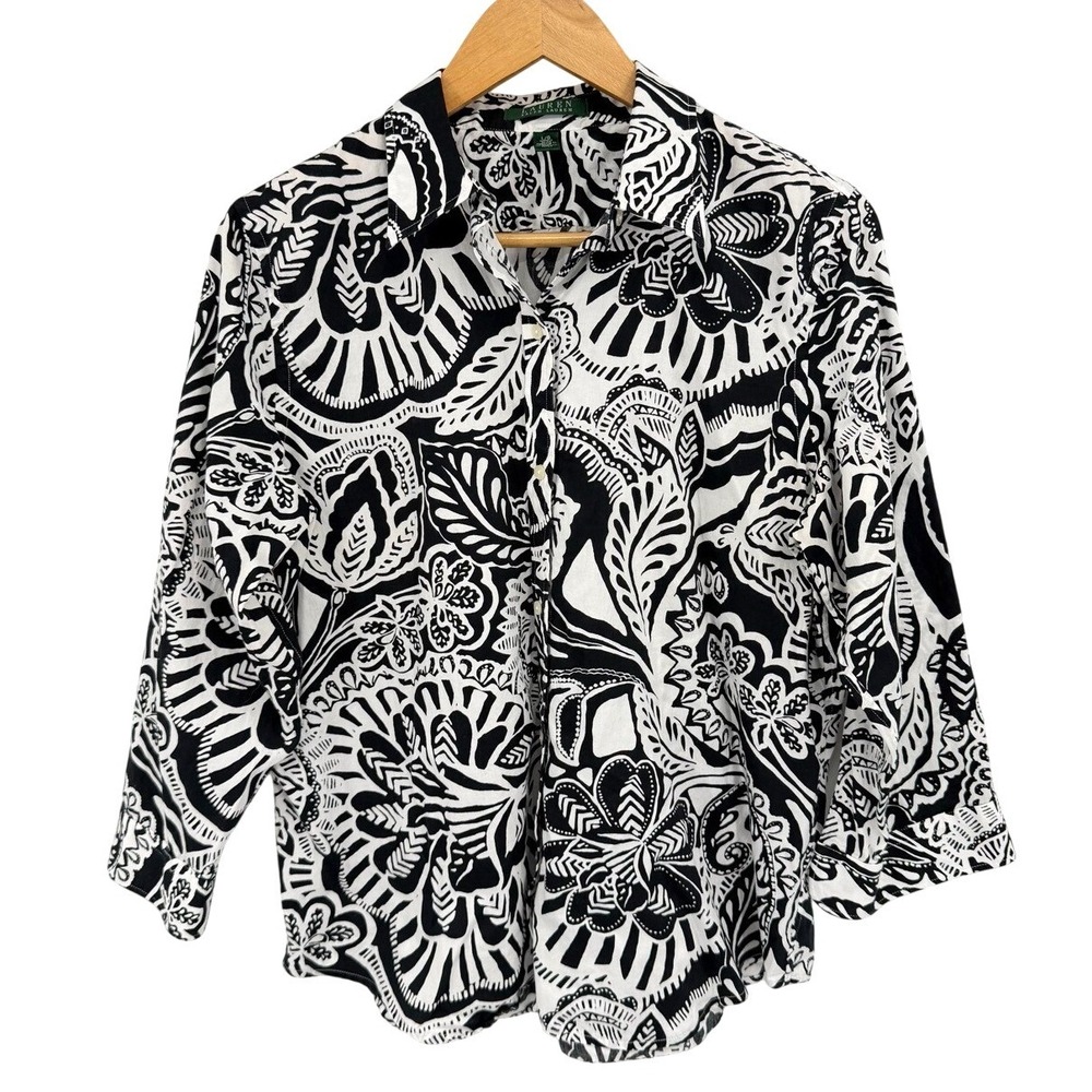 Lauren Ralph Lauren Womens Large Button Down Shirt Black White Floral Resortwear